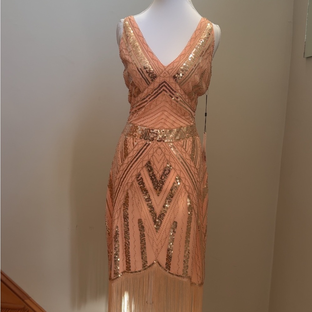 Unique Vintage Peach and Gold Sequin Midi Dress